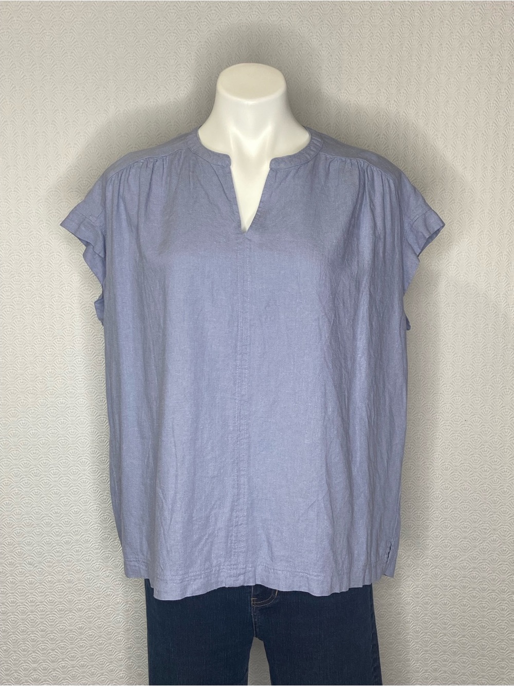 SPLENDID Linen Blend Cap Sleeve Top Split Neck Blue Womens XXL